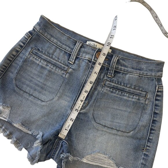 Mudd FLX Distressed Denim Jean Shortie Junior SZ 3 Blue Frayed Hem High Rise - Picture 7 of 10